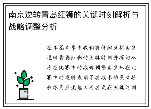 南京逆转青岛红狮的关键时刻解析与战略调整分析